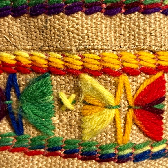 Vintage 70s Burlap Purse Bag Tote Multi Color Embroidery BOHO Hippie 14" - Picture 8 of 9
